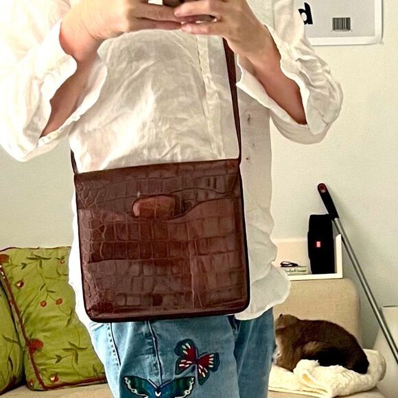 Vtg Joan & David Alligator Italy Brown Leather Lining Crocodile Crossbody Bag - Picture 1 of 12